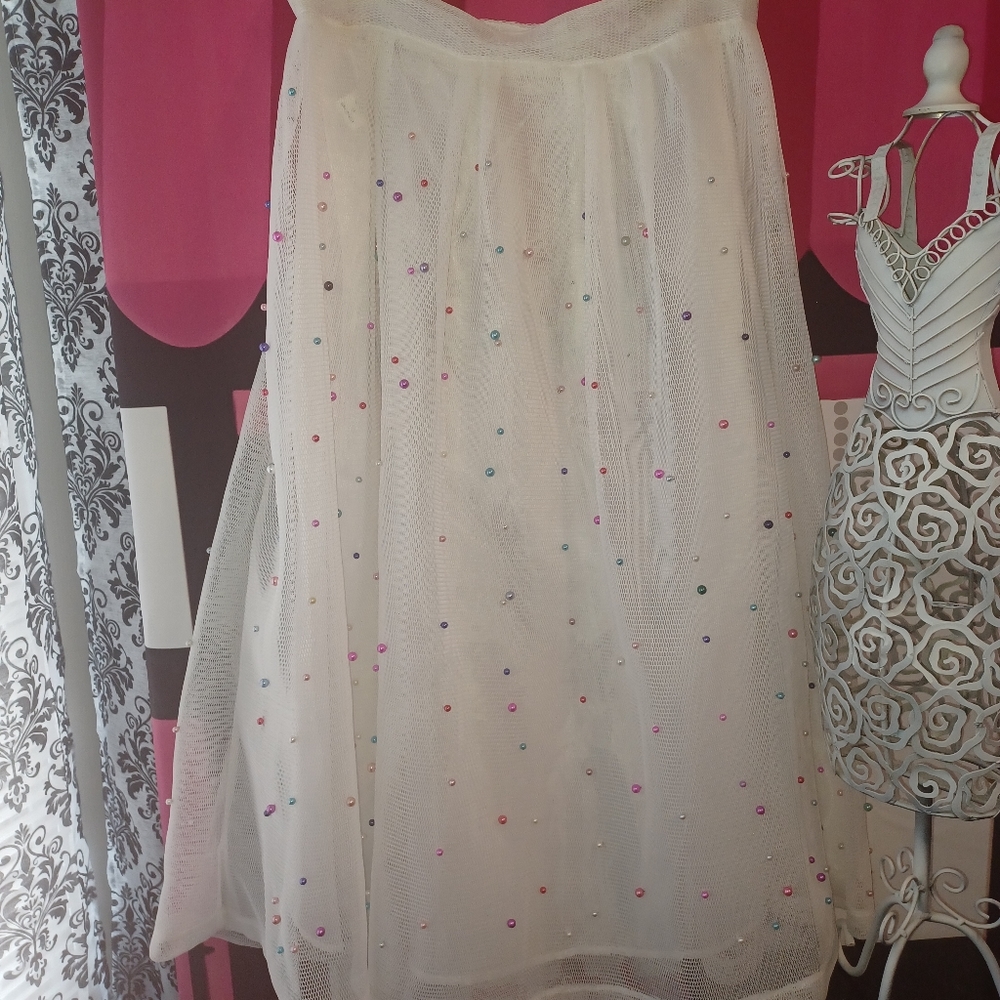 NEW - White Muti Color Pearl Embell Full Circle Midi Skirt SIZE- 1x